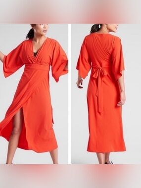 Athleta Vibrant Orange Calistoga Elegant Wrap Midi Dress w/Tie Back. Medium